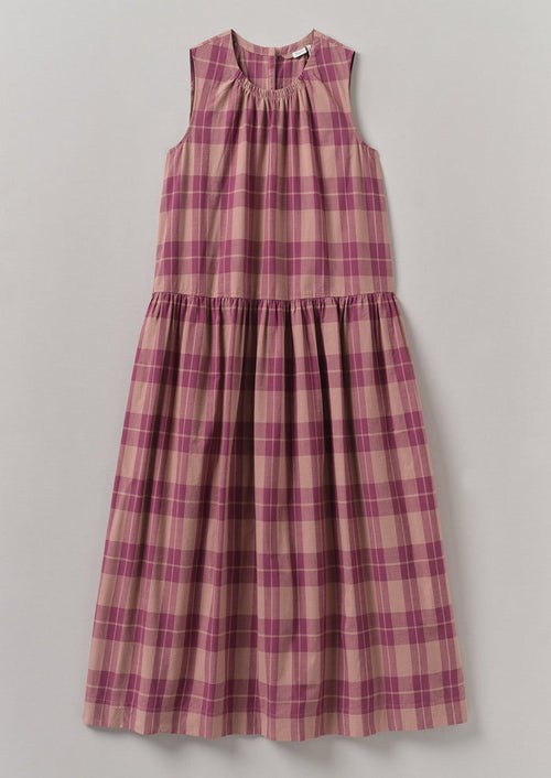 Check Cotton Gathered Waist Dress | Raspberry