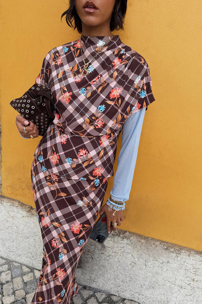 Chocolate brown check floral top with high neck, designed in London and styled as a co-ord with a matching skirt.