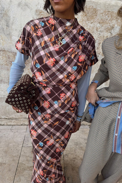 Chocolate brown Check Floral Top with high neck and draped sleeves, layered for a transeasonal London look.