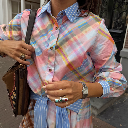 Pastel check shirt with a blue striped pussy bow and collar in a relaxed button-down cotton fit.