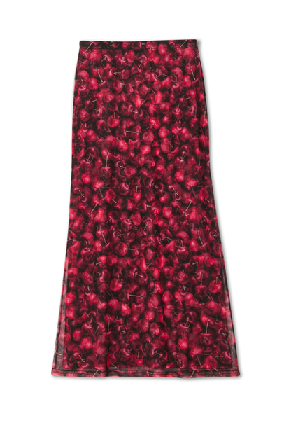Red Cherry Mesh Dorris Skirt in a stretchy mesh fabric with an all-over cherry print.