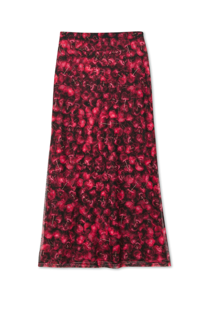 Red Cherry Mesh Dorris Skirt featuring an all-over cherry print, stretchy mesh fabric and an elasticated waist.