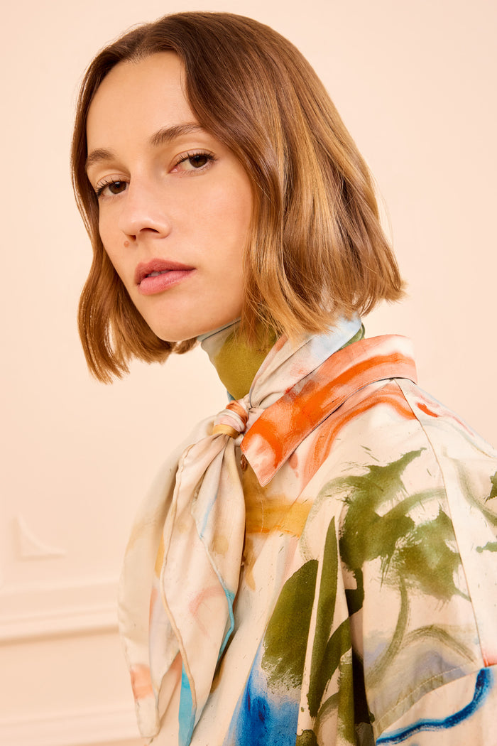 Multicolor Silk Twill Chiara Scarf Western Dream - On Model Neck Tie | Ulla Johnson