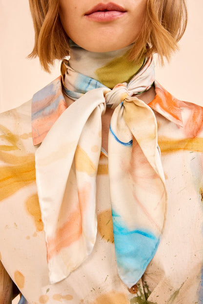 Ivory Blue Silk Designer Scarf Chiara Western Dream - Neck Knot Close-Up Detail | Ulla Johnson