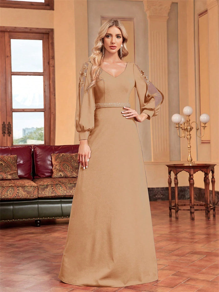 chiffon-sleeve evening gown with beaded waist – MIDNIGHT POISE