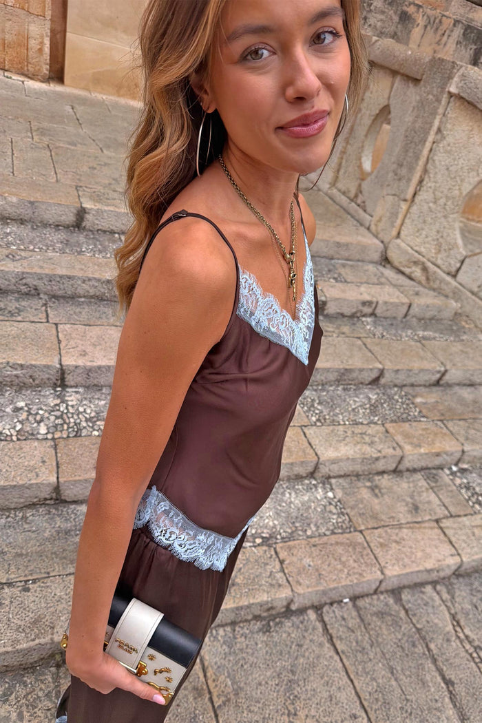 Chocolate Aurelia Top with blue lace trim and adjustable straps, designed in London with a satin-style finish.