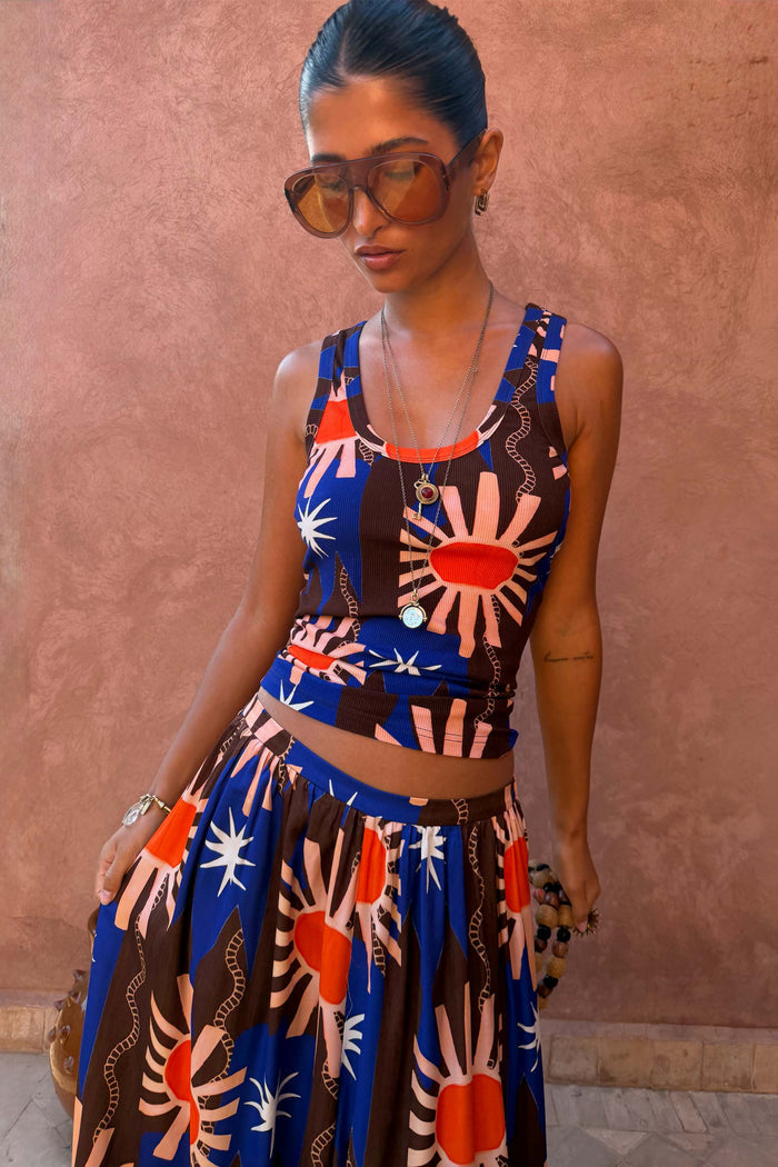 Chocolate & Blue Sun Scoop Neck Tank