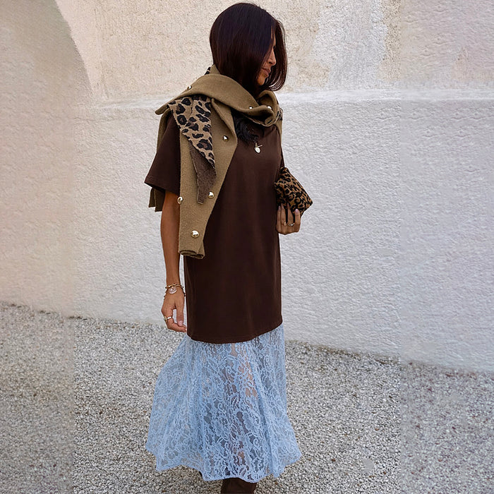 Chocolate Cara T Shirt Dress with a brown cotton top and blue lace skirt, styled with a leopard print jacket.