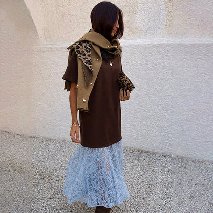 Chocolate Cara T Shirt Dress with a brown cotton top and blue lace skirt, styled with a leopard print jacket.