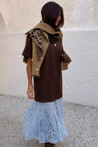 Chocolate Cara T Shirt Dress with a blue lace hem, styled with a leopard print clutch and draped camel cardigan.