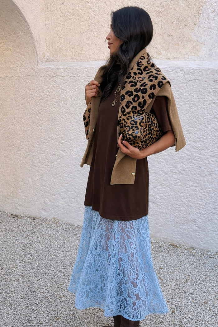 Chocolate Cara T Shirt Dress featuring a brown cotton top and blue lace skirt, paired with a leopard print bag.
