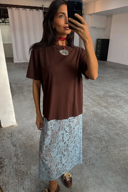 Chocolate Cara T Shirt Dress with a brown cotton top and attached light blue floral lace midaxi skirt.