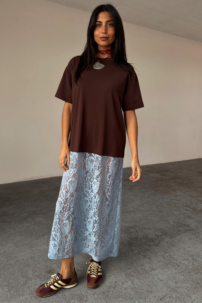 Chocolate Cara T Shirt Dress featuring a brown cotton t-shirt top and blue lace skirt insert.