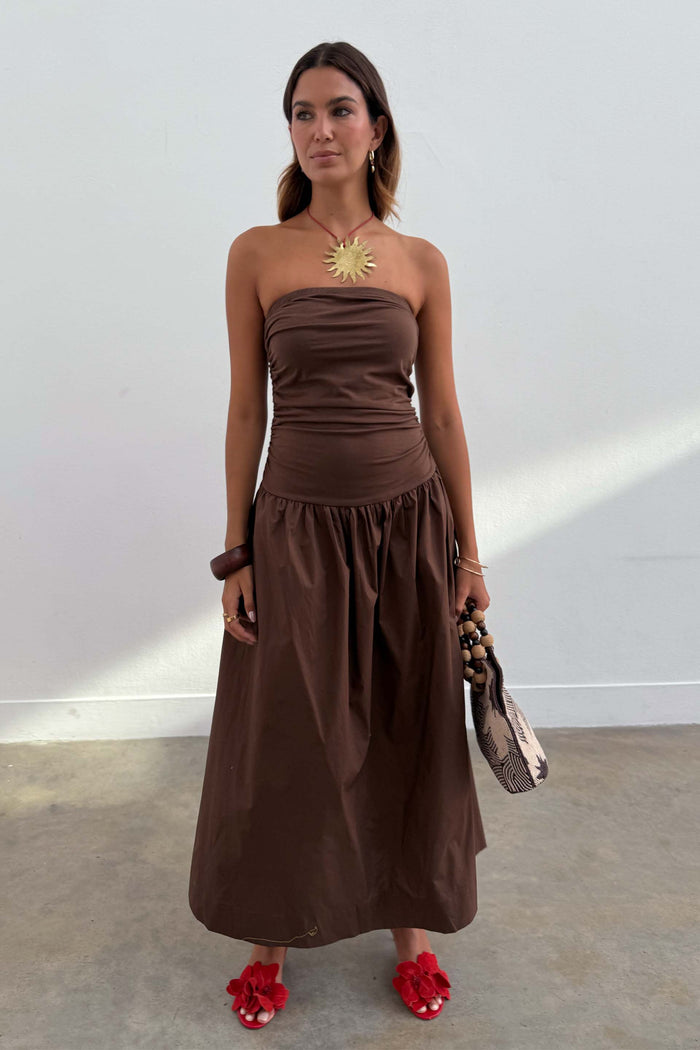 Chocolate Lola Mid-axi Dress in a brown tone with a strapless ruched bodice and full cotton skirt, designed in London.
