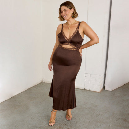 Chocolate Mimi Dress with lace trims and an under-bust cutout, highlighting inclusive sizing in a rich brown hue.