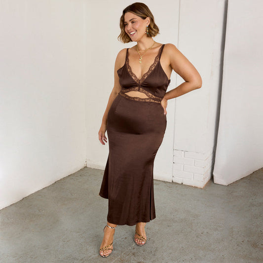 Chocolate Mimi Dress with lace trims and an under-bust cutout, highlighting inclusive sizing in a rich brown hue.
