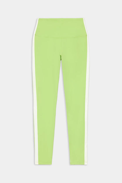 The Clare High Waist Rigor 7/8 leggings by SPLITS59, in Limeade/White, feature a high-rise fit and performance Rigor fabric with crisp white vertical stripes along both outer sides—ideal for gym workouts. Shown on a plain white background.