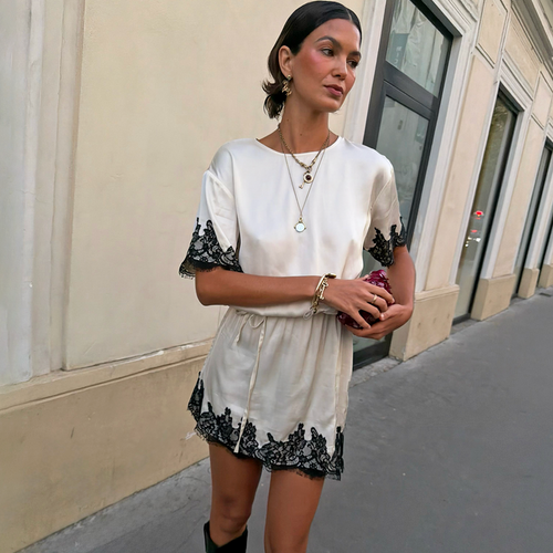 Cream & Black Lace T-Shirt Dress