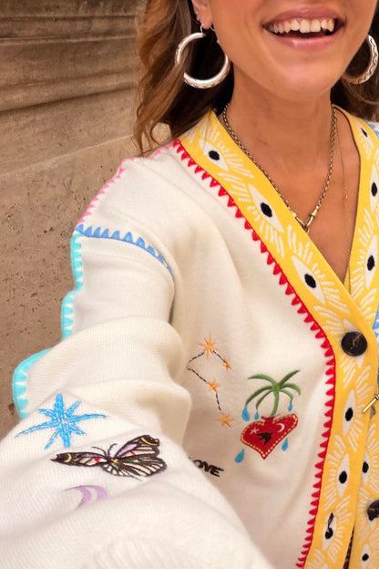 Cream Celestial Martha Cardigan in soft touch knit with butterfly, constellation and heart motifs.