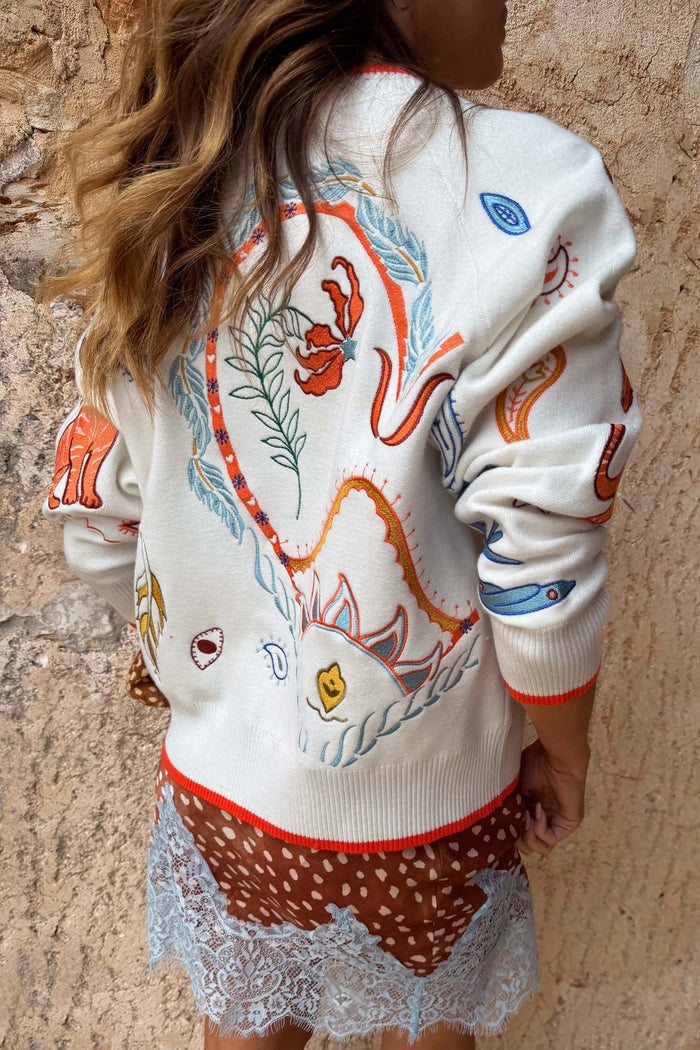 Cream Cheryl Cardigan in Tigress Print with colourful embroidery and contrast trims, shown from the back.