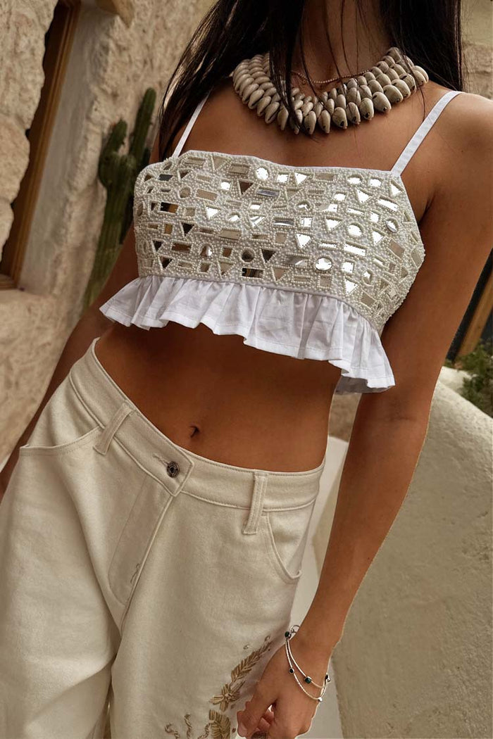 Cream Mirror Gabbi Top featuring glass and mirror bead embellishments and a ruffle hem.