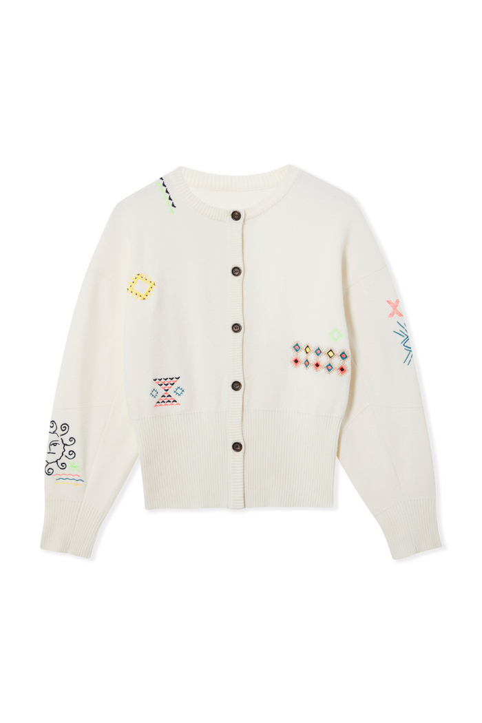 Cream Darcy Cardigan with neon embroidered sun and geometric motifs, button-up front and ribbed hem.