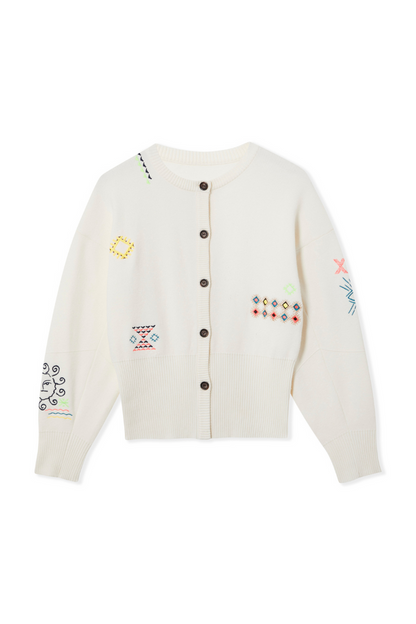 Cream Darcy Cardigan with neon embroidered sun and geometric motifs, button-up front and ribbed hem.