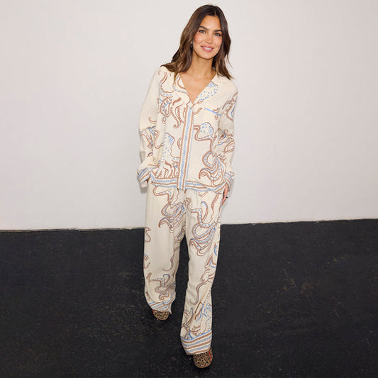 Cream Octopus Button Through Pyjamas with a nautical print and relaxed fit, designed in-house for feel good dressing.