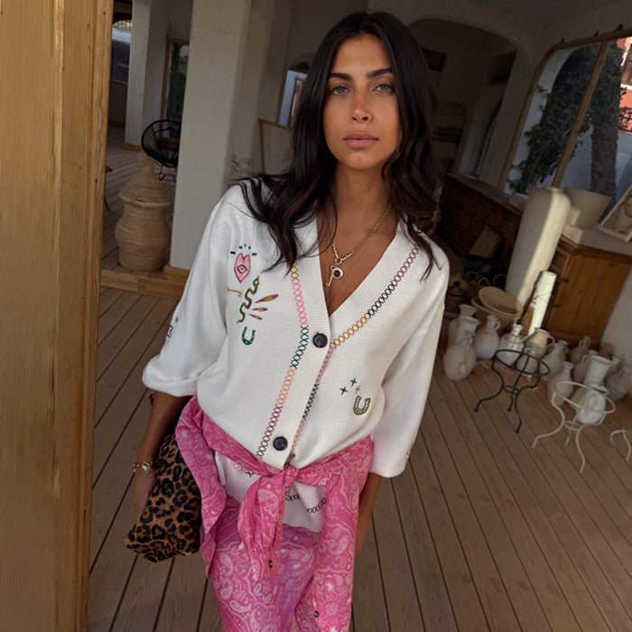 Cream Western Martha Cardigan in a soft-touch knit with western motifs and colourful criss-cross stitch detailing.