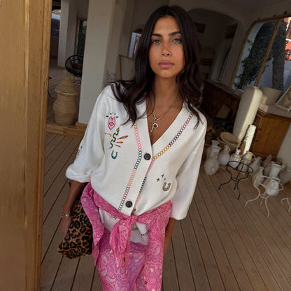 Cream Western Martha Cardigan in a soft-touch knit with western motifs and colourful criss-cross stitch detailing.
