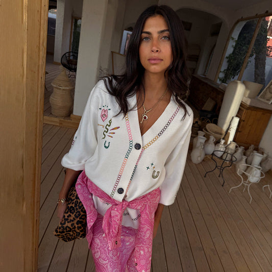 Cream Western Martha Cardigan in a soft-touch knit with western motifs and colourful criss-cross stitch detailing.