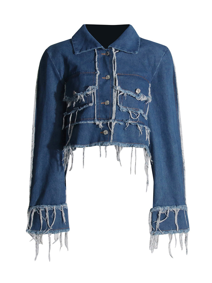 cropped distressed denim jacket with raw fringe – ROGUE