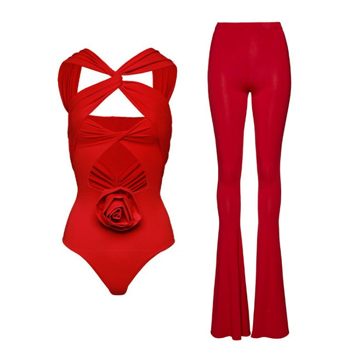 cut-out rose detail bodysuit with flared pants – SCARLETT