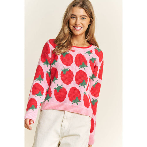 CUTE STRAWBERRY JACQUARD CASUAL PULLOVER SWEATER