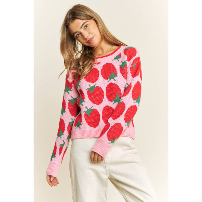 CUTE STRAWBERRY JACQUARD CASUAL PULLOVER SWEATER