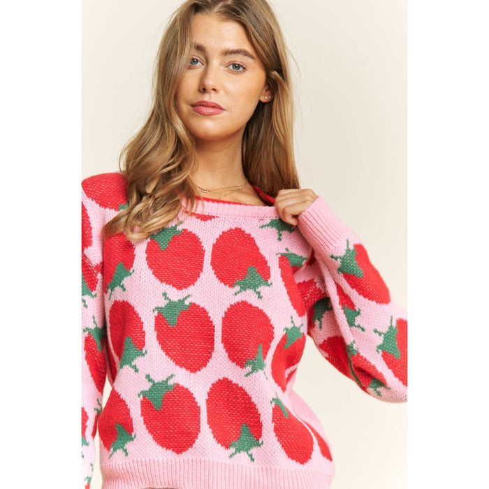 CUTE STRAWBERRY JACQUARD CASUAL PULLOVER SWEATER