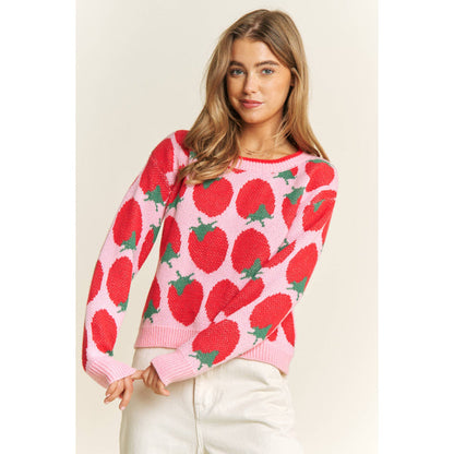 CUTE STRAWBERRY JACQUARD CASUAL PULLOVER SWEATER