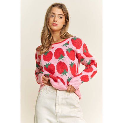 CUTE STRAWBERRY JACQUARD CASUAL PULLOVER SWEATER