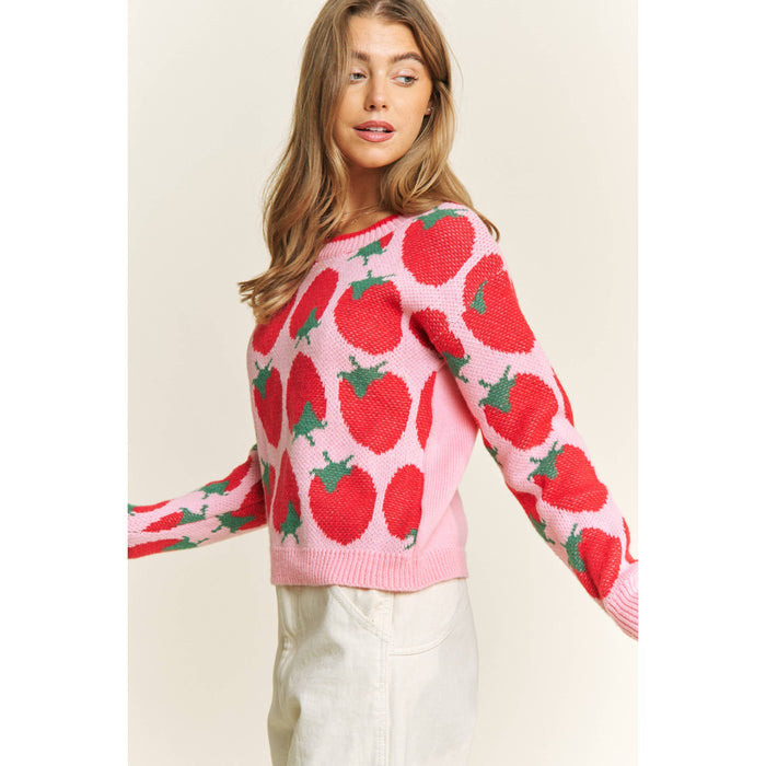 CUTE STRAWBERRY JACQUARD CASUAL PULLOVER SWEATER