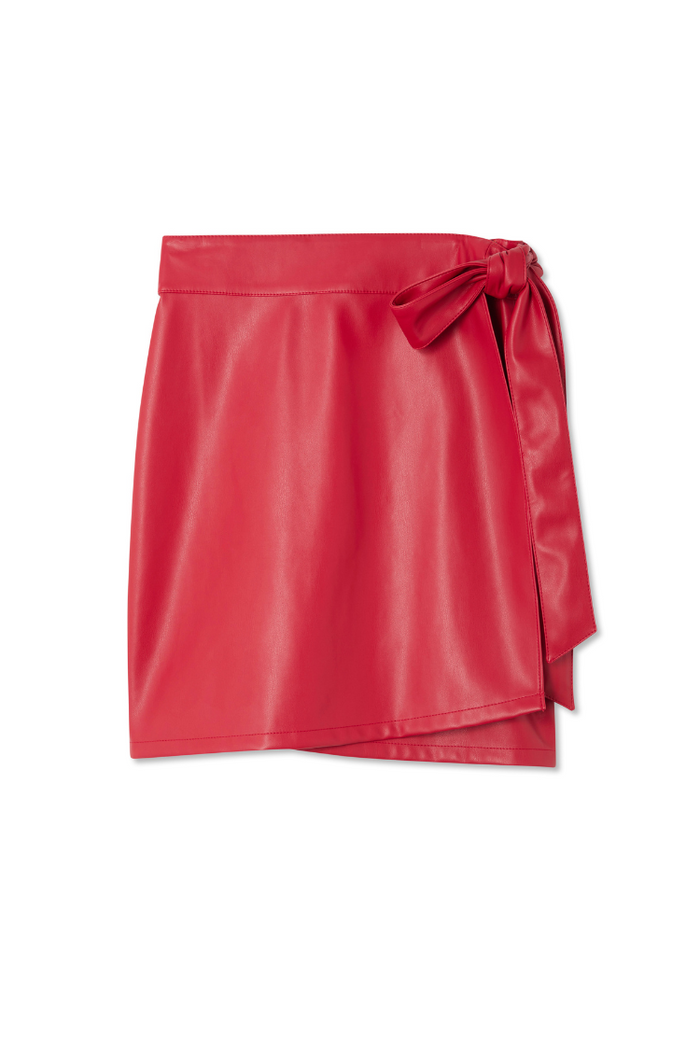 Deep red vegan leather Mini Jaspre wrap skirt with a side tie detail and multi-wear design.