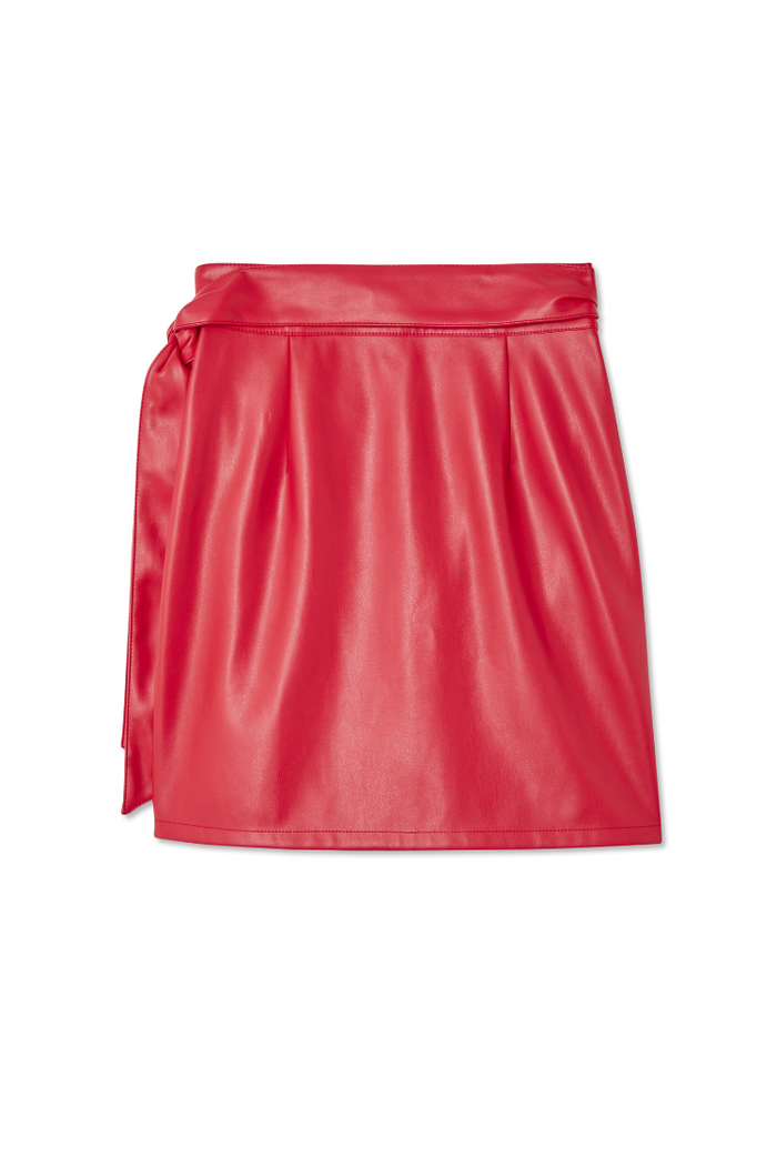 Deep red vegan leather mini Jaspre skirt featuring a multi-wear wrap waist.