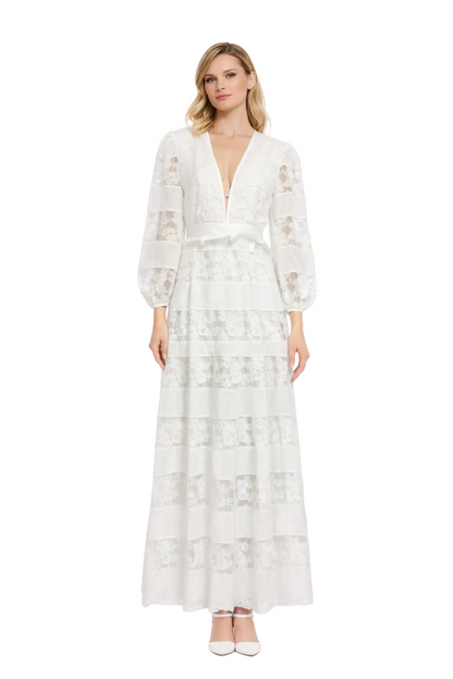 deep V lace maxi dress with tiered satin panels – TIYAH
