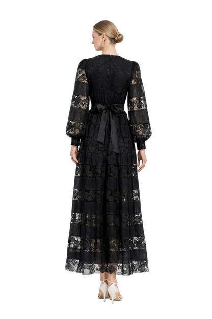 deep V lace maxi dress with tiered satin panels – TIYAH