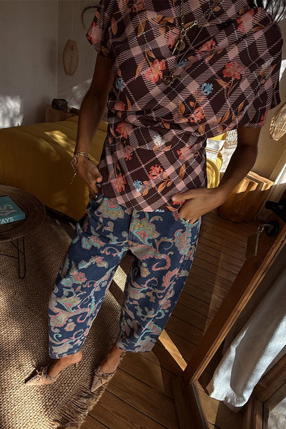 NFD Denim Paisley Barrel Leg Jeans in blue with a pink and green print, featuring a structured fit.