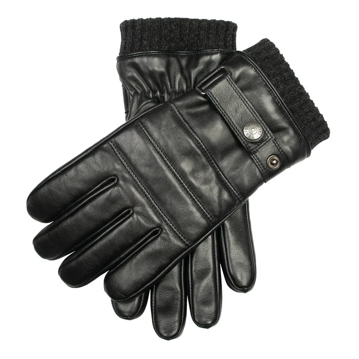 DENTS Skipton Men's Water-Resistant Faux Fur-Lined Leather Gloves with Stitch Detail and Knitted Cuffs