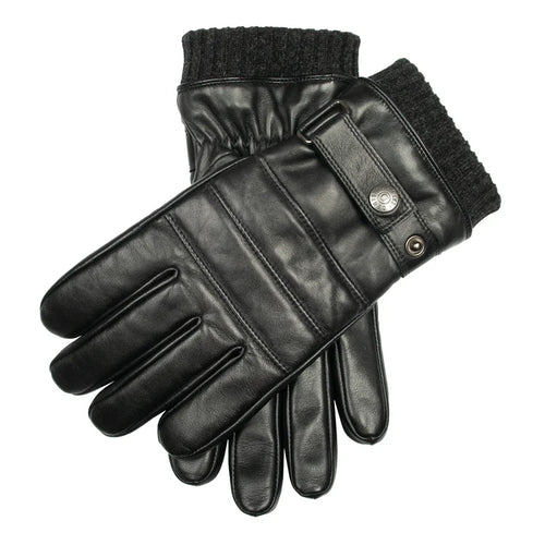 DENTS Skipton Men's Water-Resistant Faux Fur-Lined Leather Gloves with Stitch Detail and Knitted Cuffs