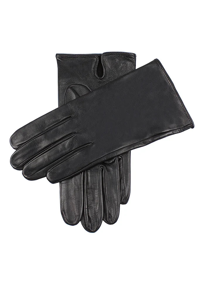 Pair of black leather gloves on a white background
