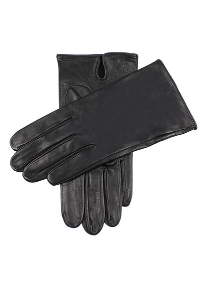 Pair of black leather gloves on a white background