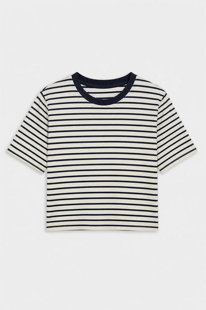 The SPLITS59 Djuna Oversized Jersey Tee in White/Indigo Stripe features short sleeves, a relaxed fit, and a black crew neckline, displayed flat on a white background.