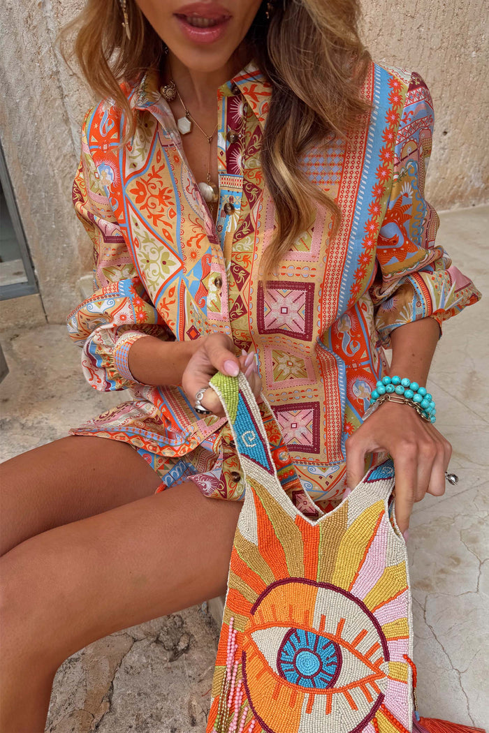 Multi-coloured Dolce Vita Marley Shirt featuring a patchwork tile print, sun motifs and button detailing.